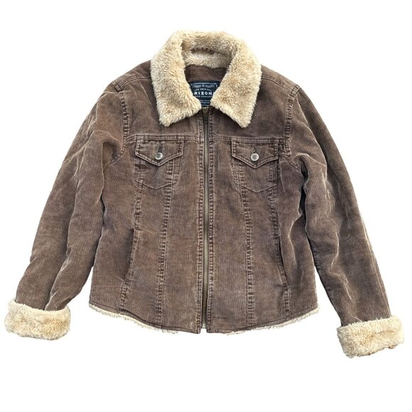 Arizona Jeans Co Corduroy Sherpa Trucker Jacket Wm Sz S Brown 90s Grunge Western - Picture 1 of 14
